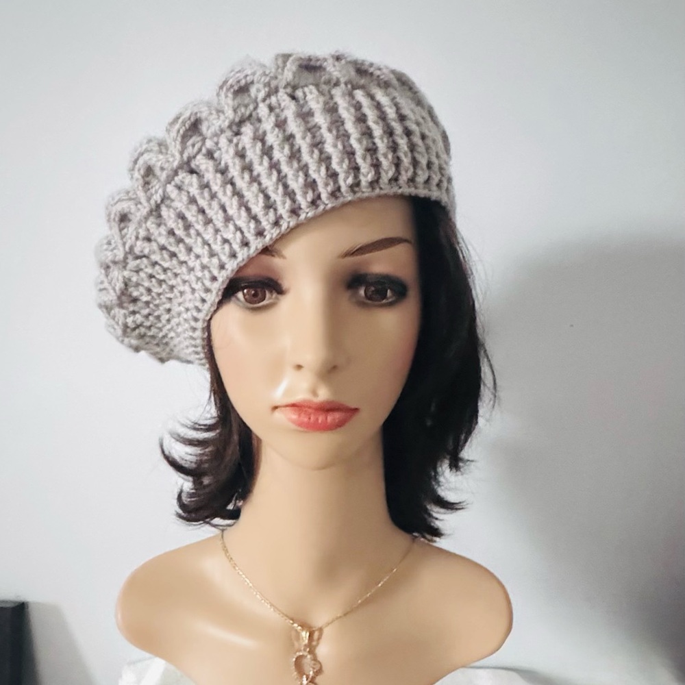 Elegant handmade knitted Gray winter Beret. New